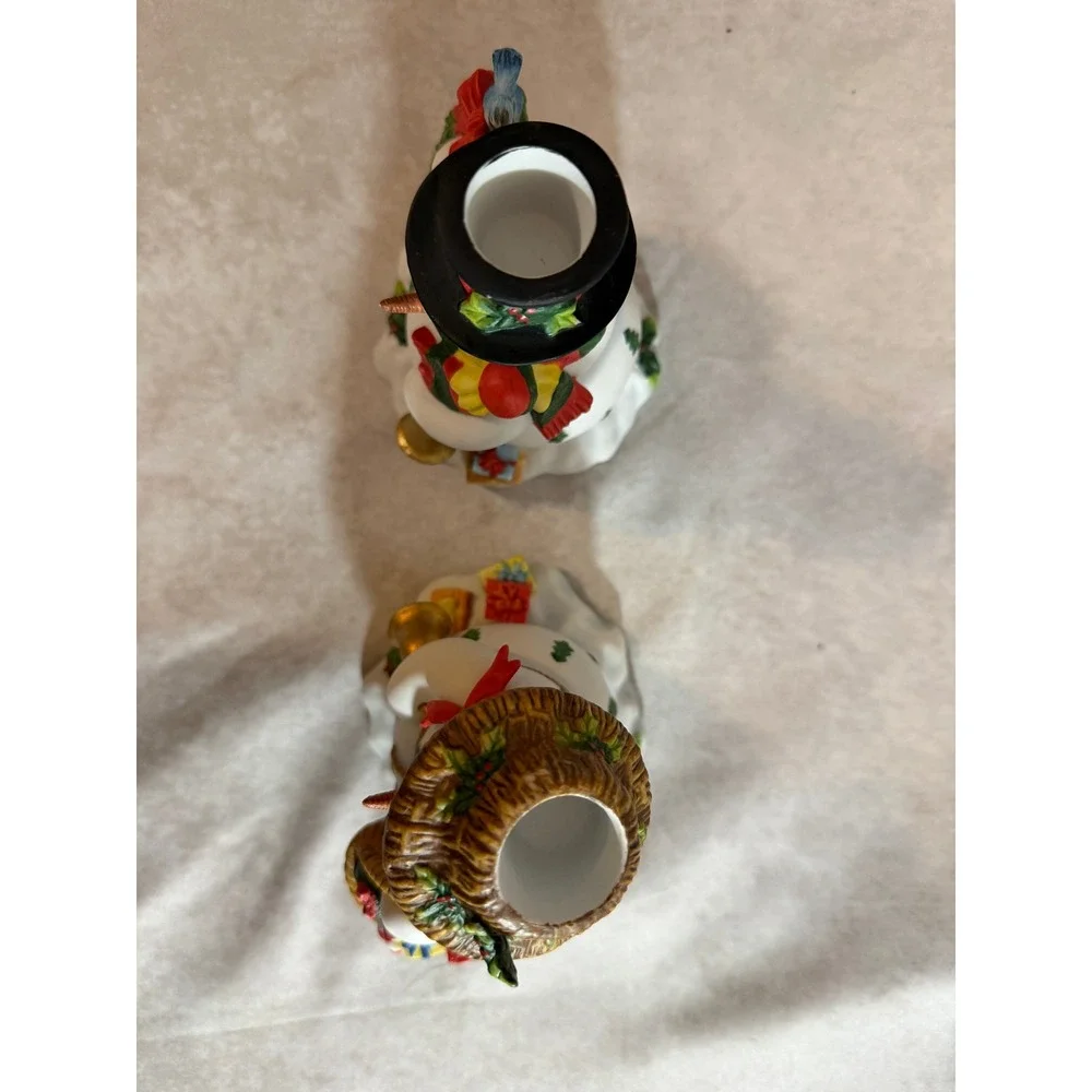 PartyLite Snowbell Snowman & Snowlady Christmas Candle Holders Ceramic Figurines